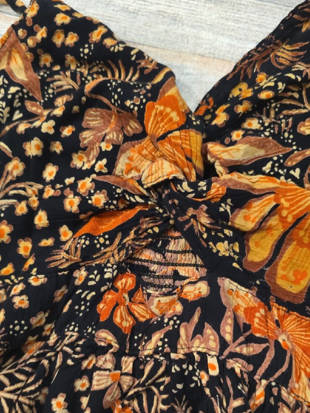 Angie Midi Black Dress with Orange and Brown Floral Accents Size Large Smocked - Picture 5 of 6